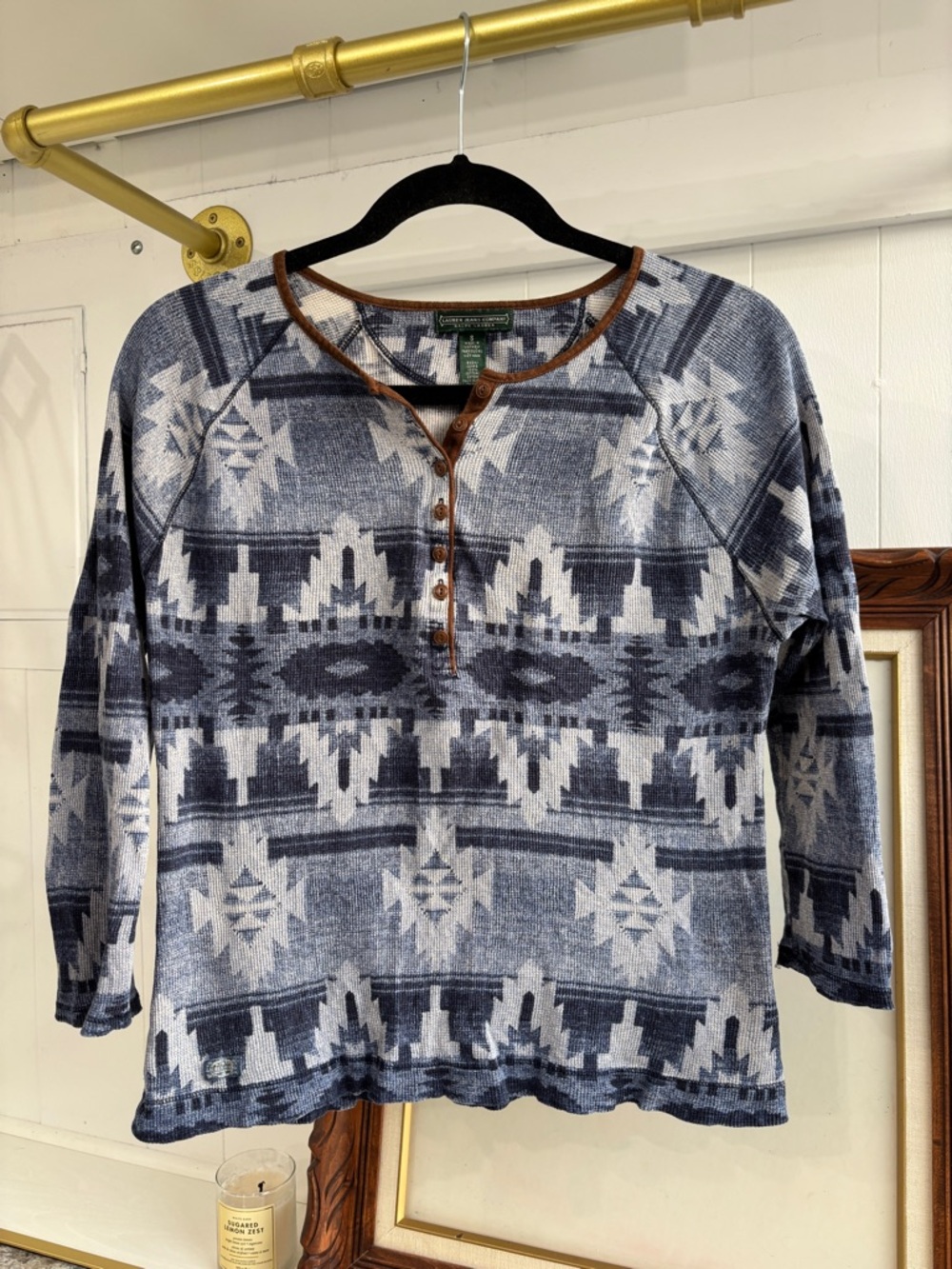Ralph Lauren Blue and White Aztec Long Sleeve Henley